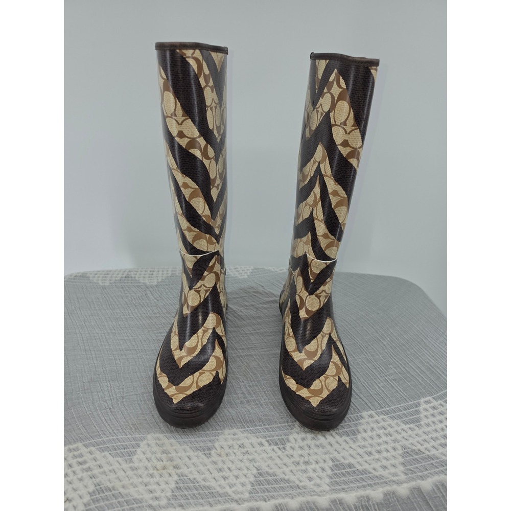 Coach Pammie Rain Boots Brown Tan Signature Chevron Rubber Tall F2460 6B